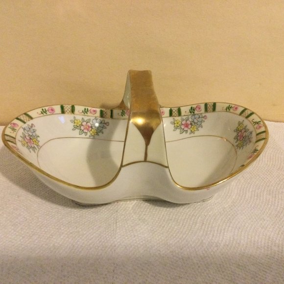 Vintage hand painted Nippon handled bowl basket floral gold Japanese porcelain - Picture 1 of 6
